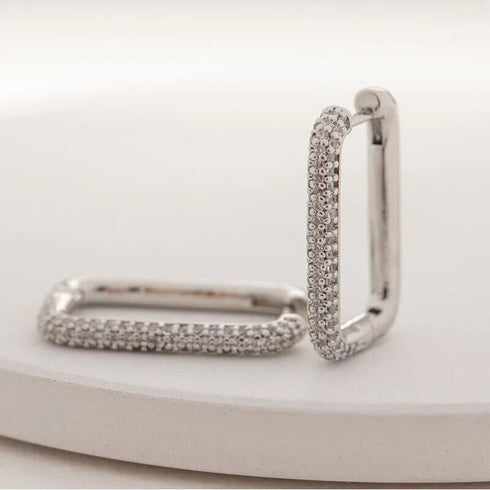 Exquisite Micro Pave 14K White Gold Plated Rectangular Cubic Zircon Hoop Earring